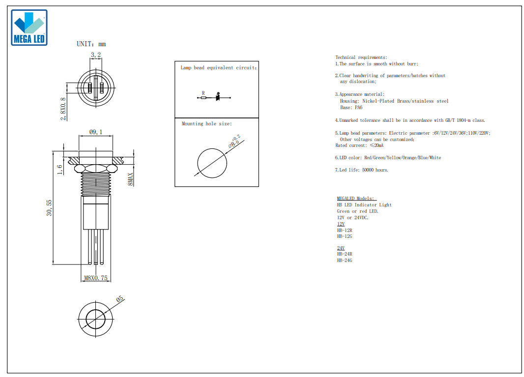 Mega LED - LED Indicator Light - Waterproof IP67, Nickel Plated Brass
