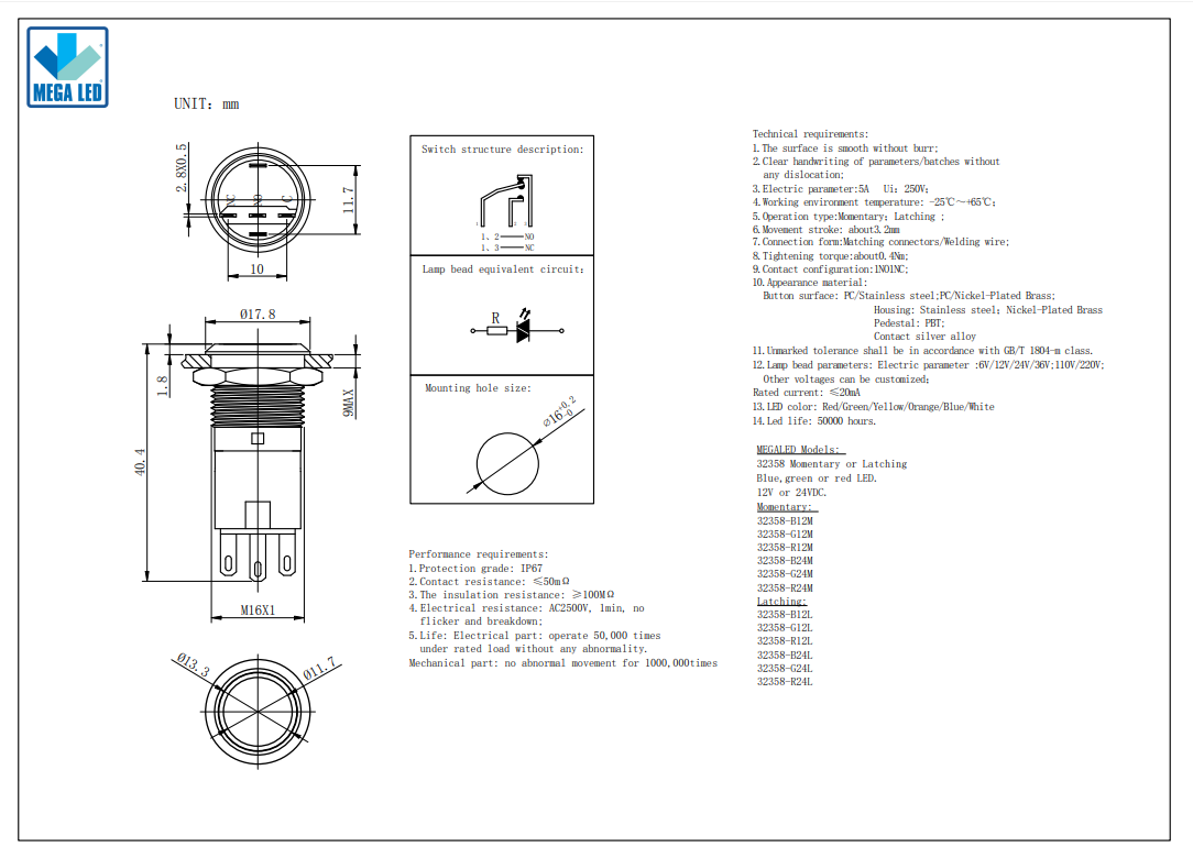Mega LED - 16MM LED Push Button - 5A, Waterproof IP67, Stainless Steel