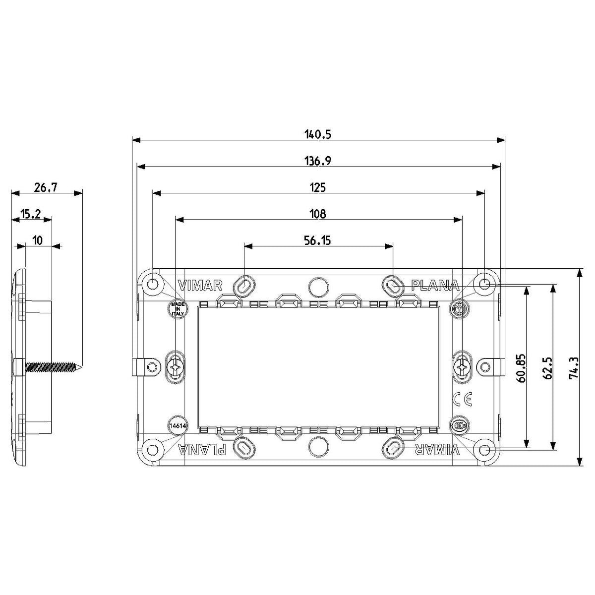 Vimar Plana 4-Module Mounting Frame, With Screws, Flush Mount, Front-Side Module Inserts, Horizontal/Vertical Mounting, Thermoplastic