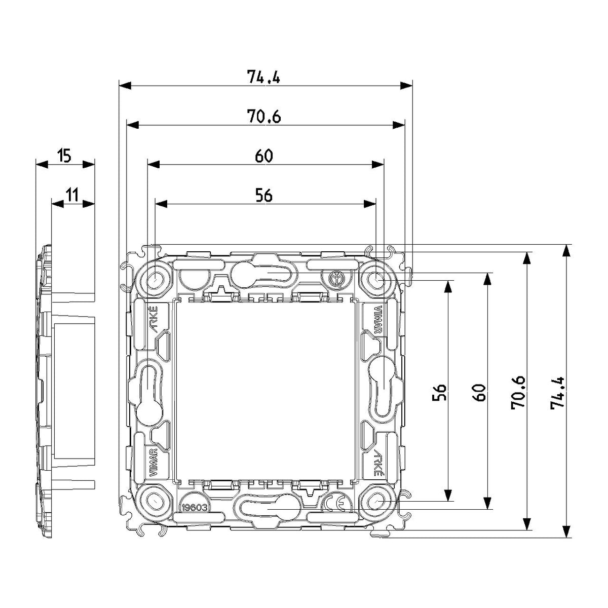 Vimar Arké 2-Module Mounting Frame, For 60 mm Fixing Centers or 56x56 mm Box, 71 mm Center Distance, Without Screws, Transparent Thermoplastic