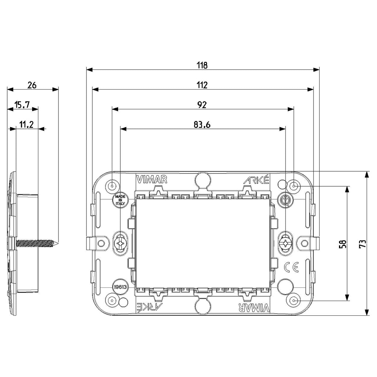 Vimar Arké 3-Module Mounting Frame, Flush-Mounted, With Screws