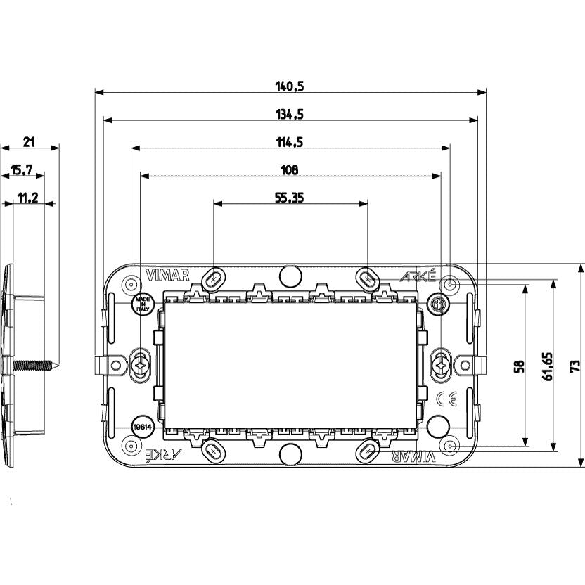 Vimar Arké 4-Module Mounting Frame, With Screws, Thermoplastic, Flush-Mount