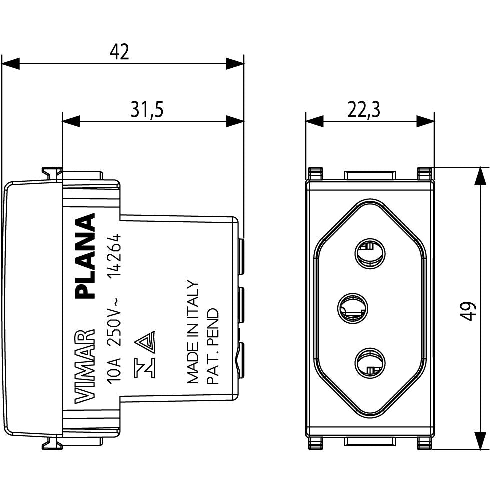 Vimar Plana 2P+E 10A Brazilian Standard SICURY Socket Outlet, 250V, IP20, Flush-Mount, Screw Terminal, Halogen-Free Thermoplastic