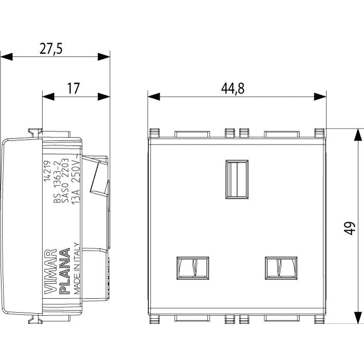 Vimar Plana 2P+E English Socket Outlet, 13A, 250V, IP20, Flush Mount, 2-Module
