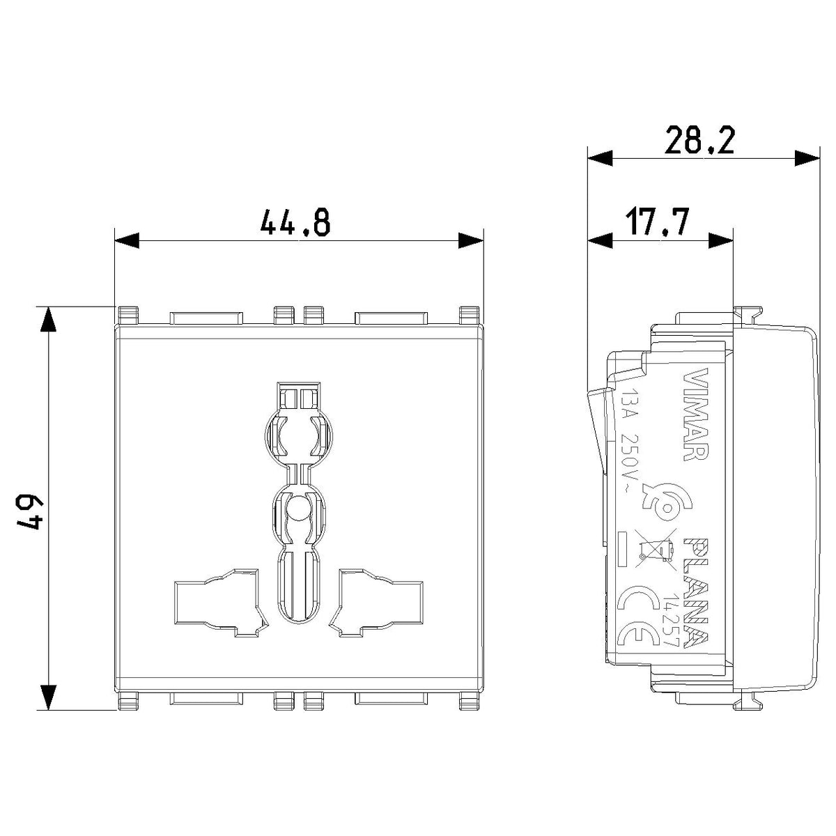 Vimar Plana SICURY Multi-Standard Socket Outlet, 2P+E, 13A, 250V, IP20, Flush Mount