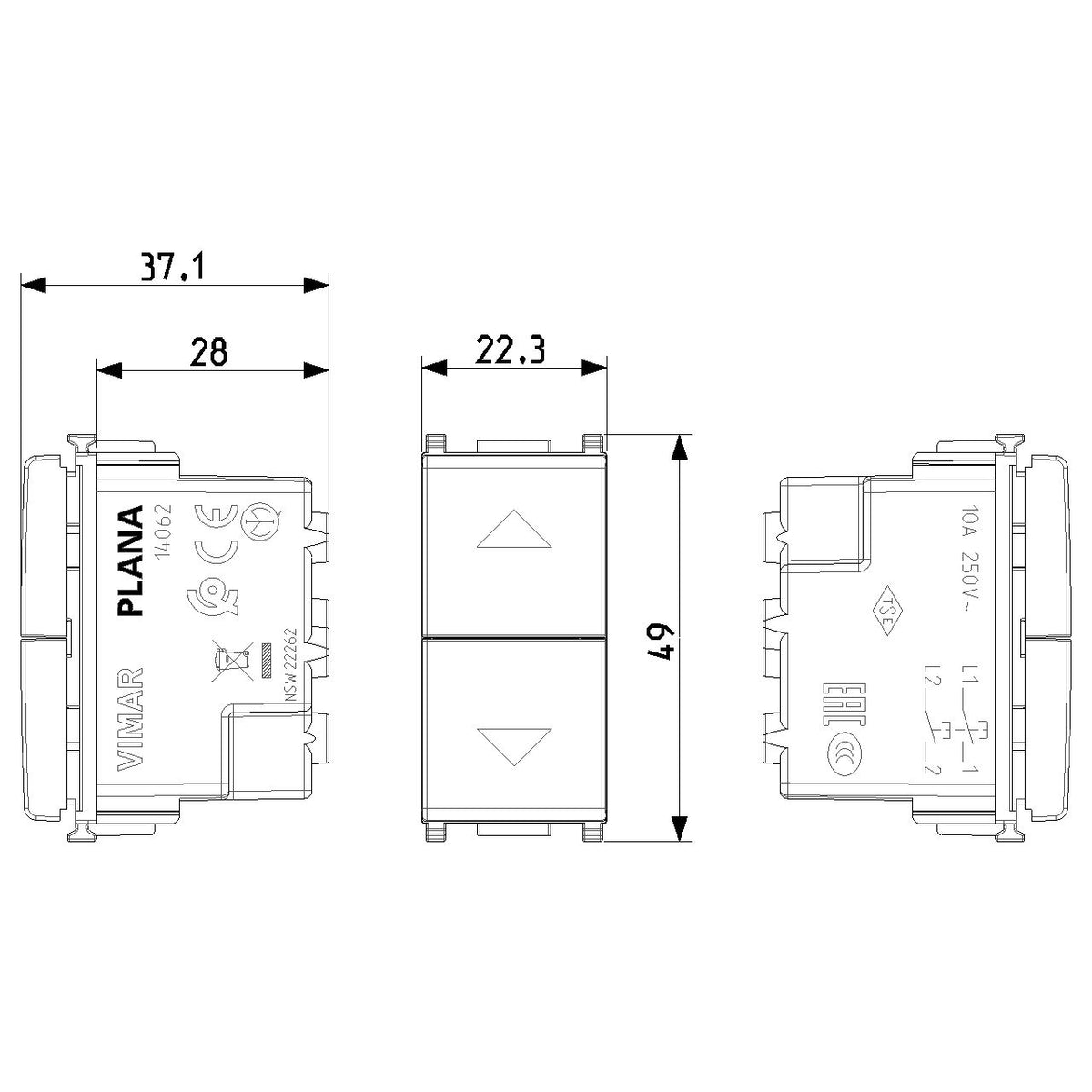 Vimar Plana Two Interlocked 1P NO+NO Push Buttons, 10A 250V, IP40