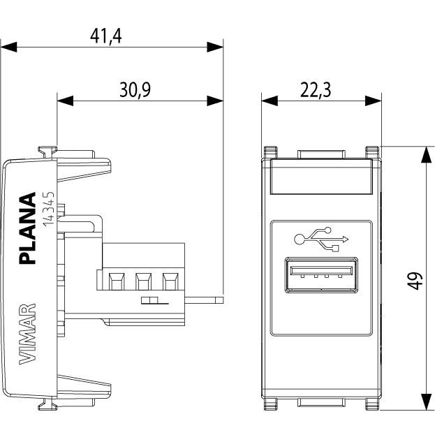 Vimar Plana USB Socket Connector, 1 Module, IP20, Flush-Mounted, Screw Terminals
