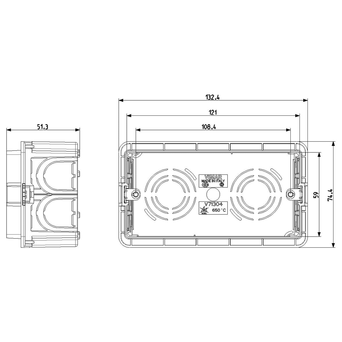 Vimar 4-Module Flush Mounting Box, For Masonry Walls, Halogen-Free Plastic, 14 Rear Inlets, 20/25 mm Pipe Entry