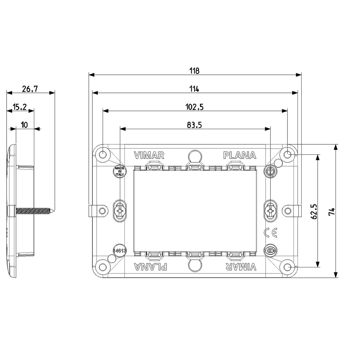Vimar PLANA 3-Module Mounting Frame, For 3-Module Mounting Boxes, With Screws, Flush-Mounted