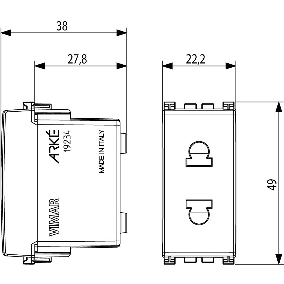 Vimar ARKÉ 2P USA+EU SICURY Outlet, 16A, 250V, IP20, Flush-Mounted