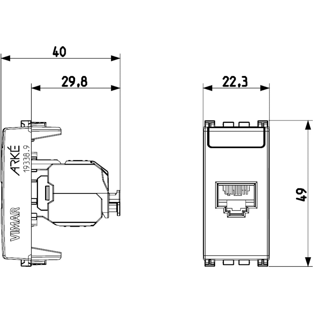 Vimar ARKÉ RJ45 Netsafe Outlet, T568A/B Universal Wiring, 8 Contacts, Tool-Free Insulation-Piercing Terminals