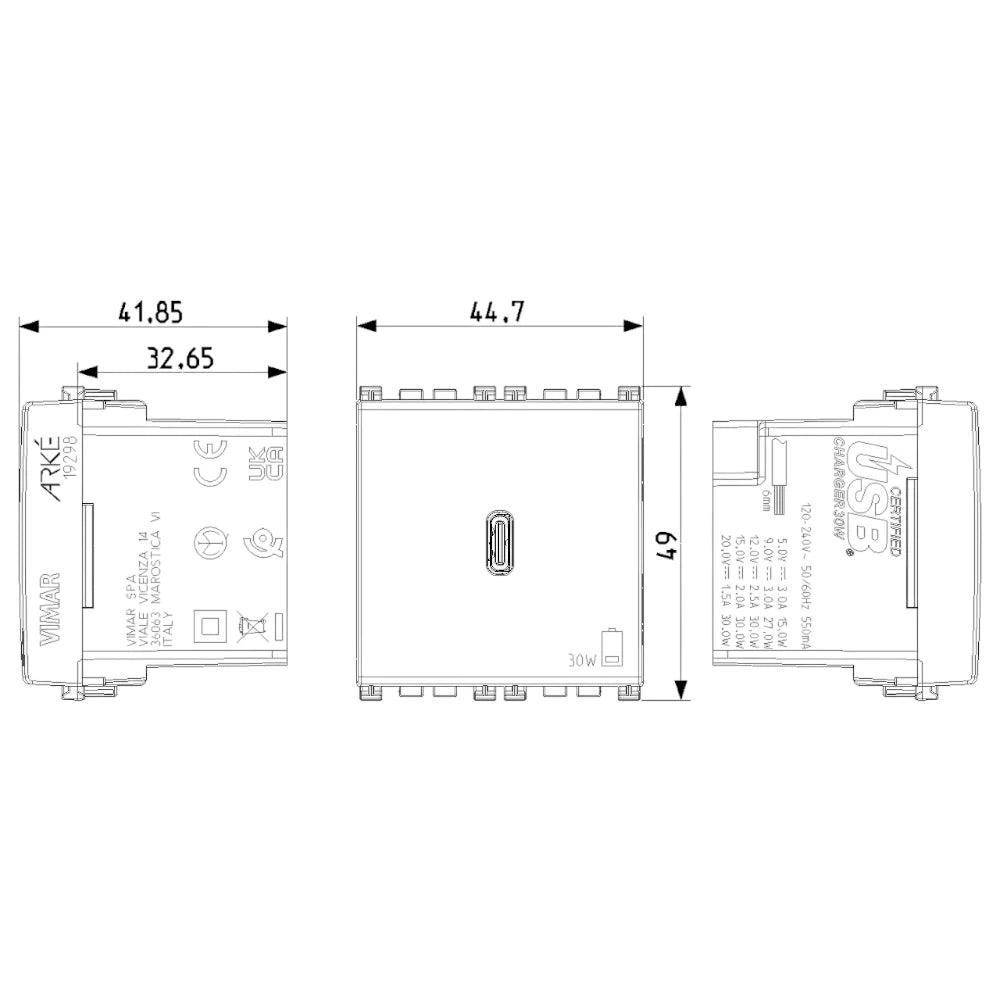 Vimar ARKÉ USB-C Supply Unit, 2 Modules, Power Delivery, 120-240V, Flush Mount