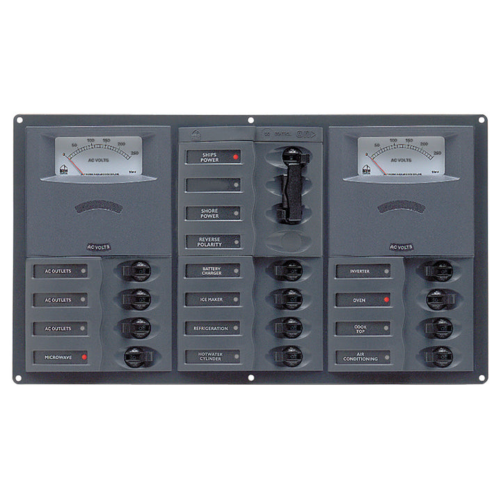 BEP AC Circuit Breaker Panel w/ Analog Meters, 12SP 2DP AC230V Stainless Steel Horizontal 900-AC3-AM