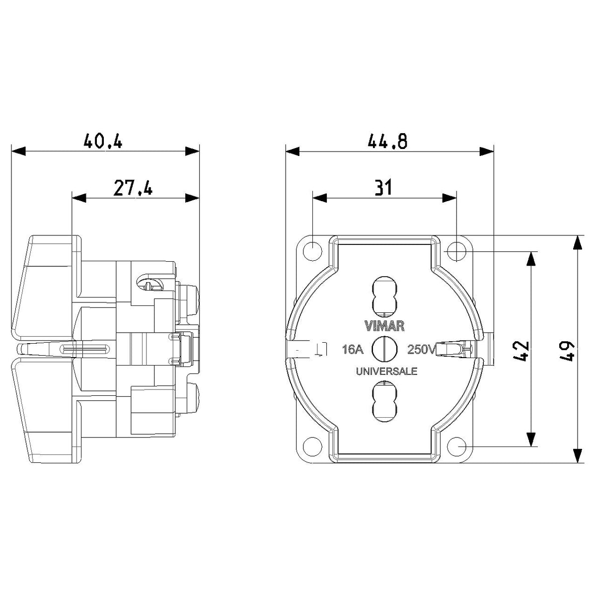 Vimar SICURY Universal Outlet Insert, 2P+T, 16A, 250V, IP20, Screw Terminal, Halogen-Free