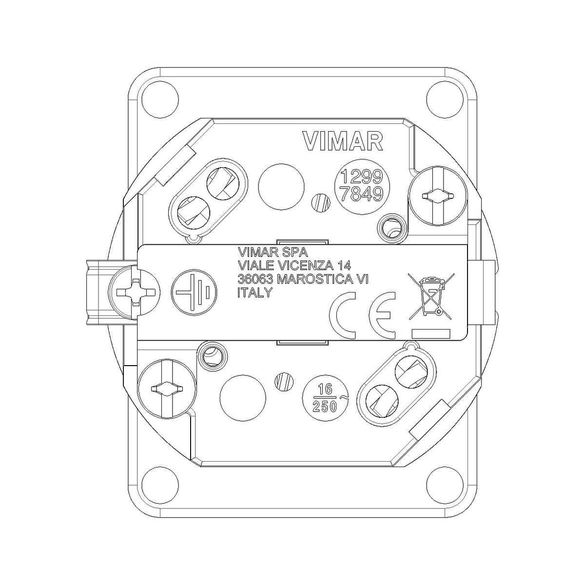 Vimar SICURY Universal Outlet Insert, 2P+T, 16A, 250V, IP20, Screw Terminal, Halogen-Free