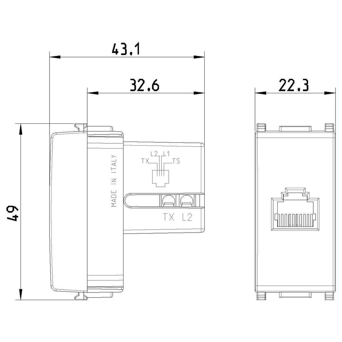 Vimar Plana RJ11 Phone Jack 6/4, Flush Mount, Screw Terminals, IP20