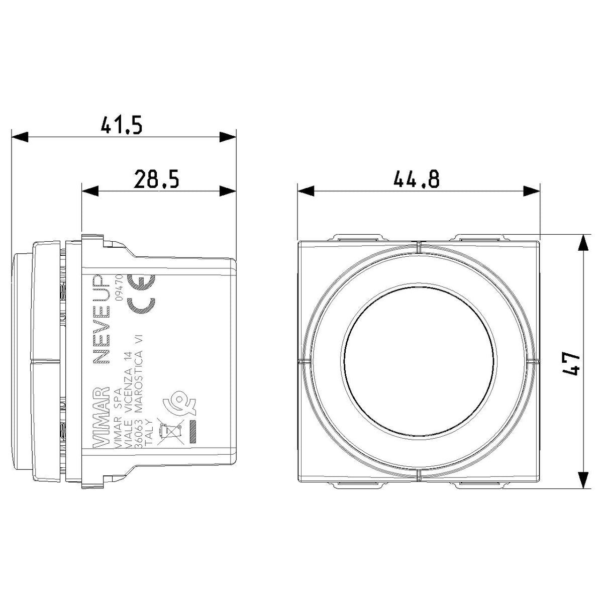 Vimar Neve Up 2-Module Dial Thermostat, 100-240V, 5(2)A Relay Output, Flush Mount