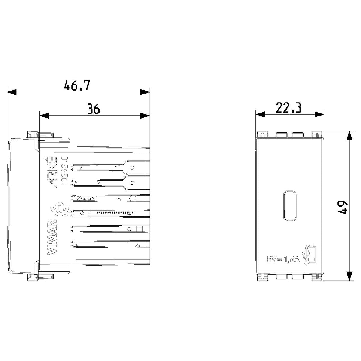 Vimar Arké USB Charging Outlet, 120-240V AC, 1 Module