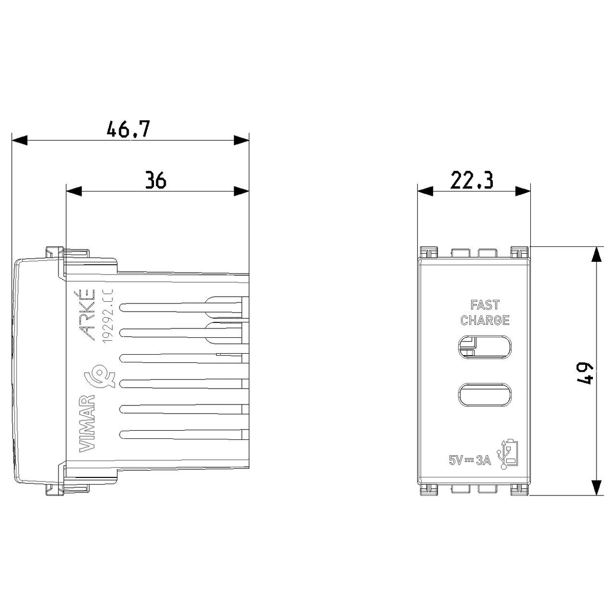Vimar Arké USB Charging Outlet, 120-240V AC, 1 Module