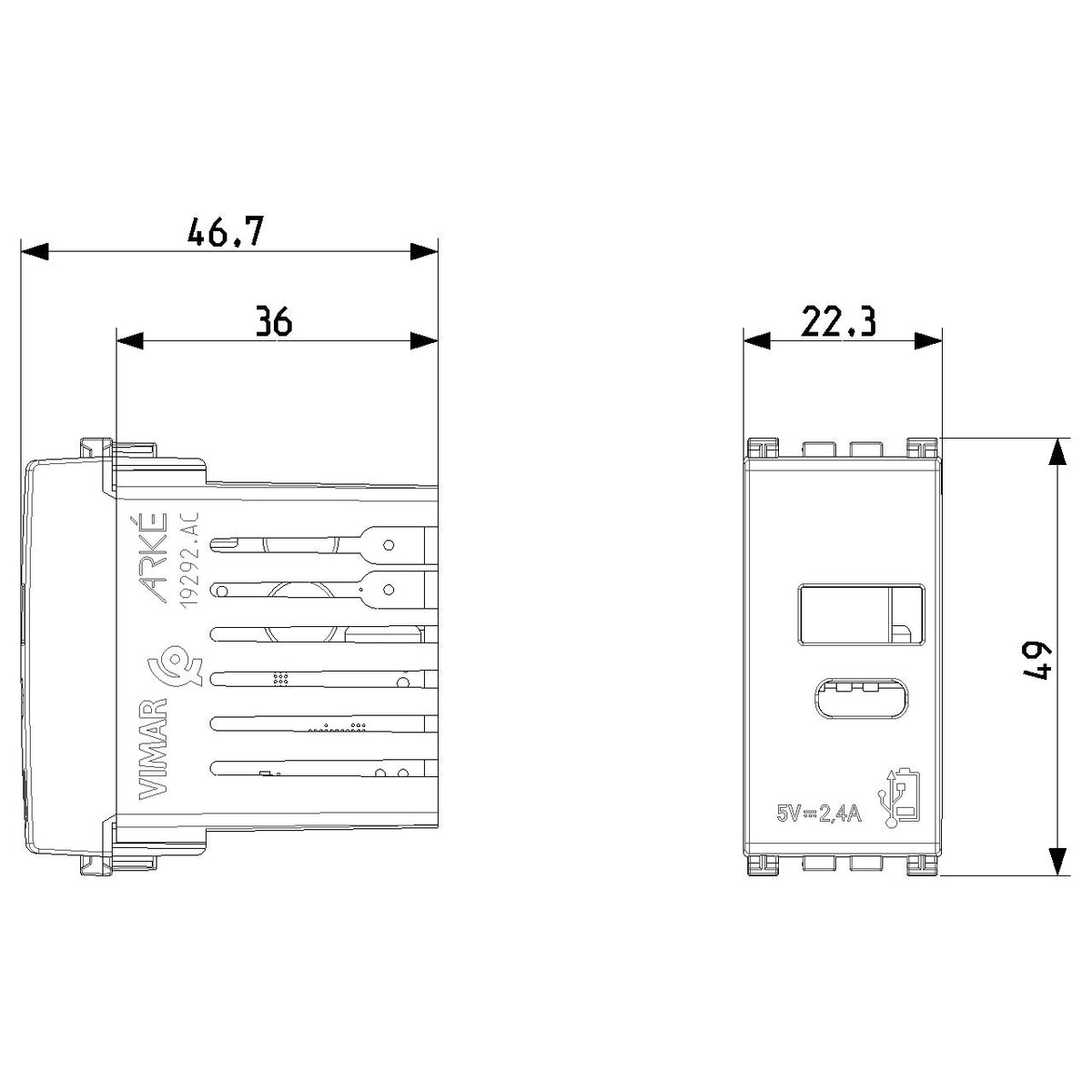 Vimar Arké USB Charging Outlet, 120-240V AC, 1 Module