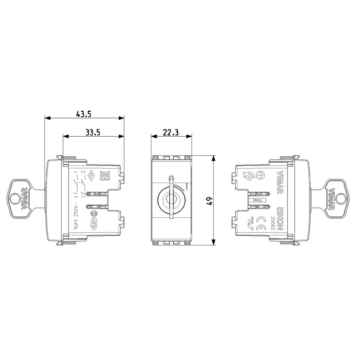 Vimar Eikon 20082 2-Pole Key-Operated 1-Way Switch, 16AX 250V, Key Removable Only in OFF, IP40, Screw Terminals