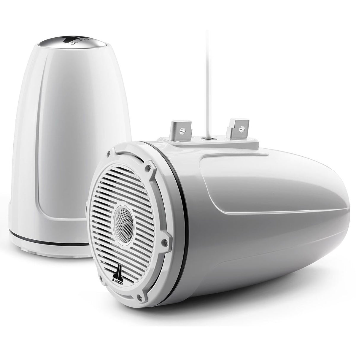 JL Audio M6-770ETXv3 7.7in Enclosed Tower Marine Coaxial Speakers, 100W RMS, 4 Ohm, Pair, Gloss White Enclosure, Gloss White Classic Grille, Black Tweeter Mesh, Mounting Clamps Sold Separately
