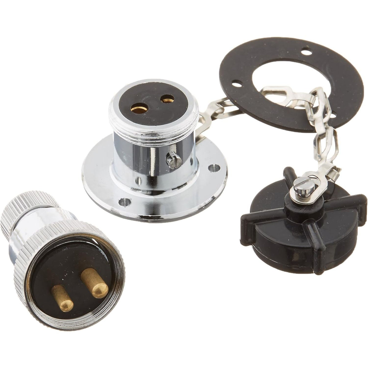 Hella Marine 2-Pole Plug and Socket, Water-Resistant, Chrome Brass, 10A at 12V, Screw Terminals, For 6.5mm Cable, With Plastic Cap