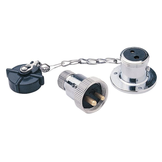 Hella Marine 2-Pole Plug and Socket, Water-Resistant, Chrome Brass, 10A at 12V, Screw Terminals, For 6.5mm Cable, With Plastic Cap