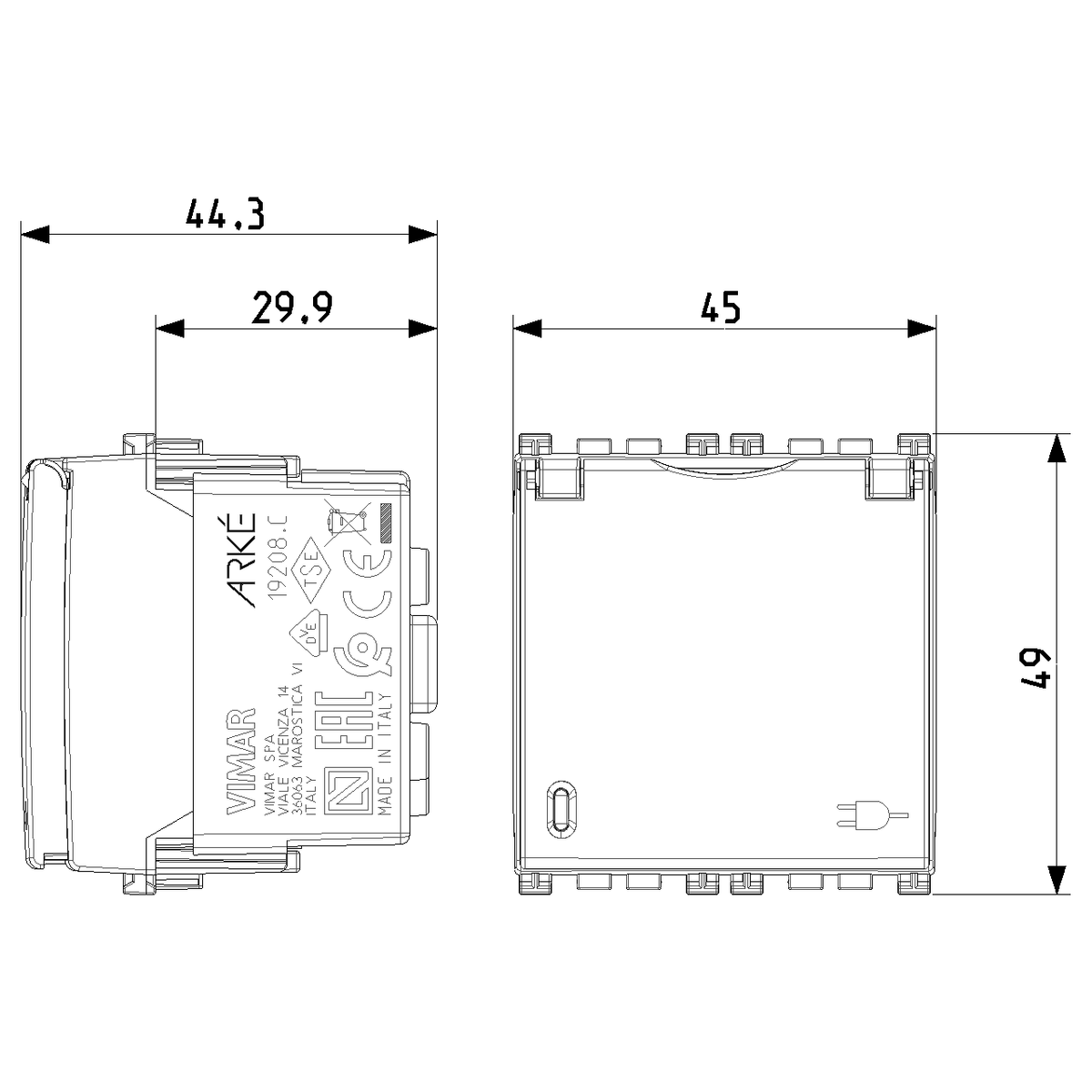 Vimar Arké 19208 SICURY SCHUKO Socket Outlet, 16A 250V, 2-Module, IP20