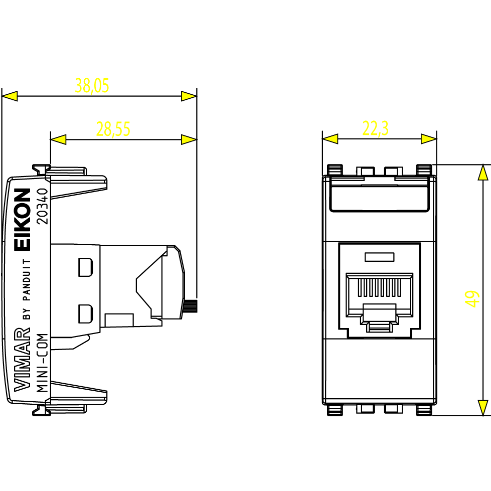 Vimar Netsafe RJ45 Socket Outlet, For Eikon, Cat5e, Panduit MINI-COM, T568A/B