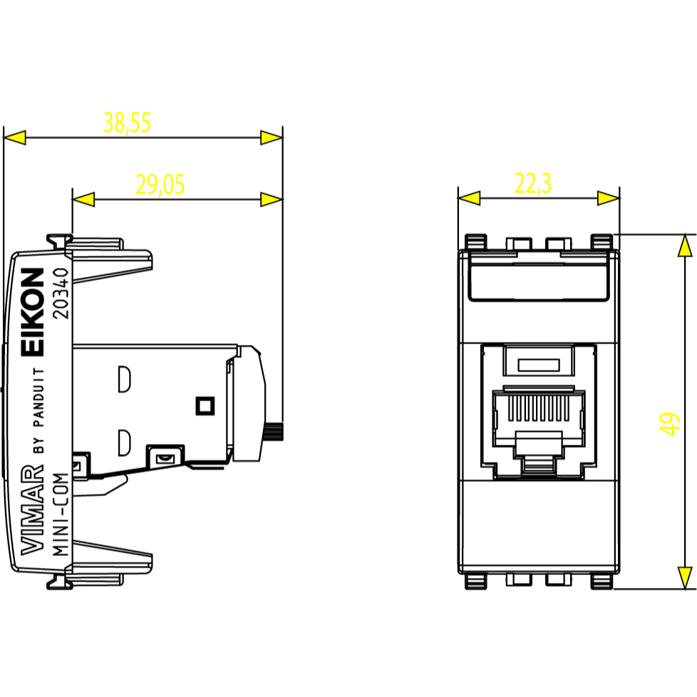 Vimar Netsafe RJ45 Socket Outlet, For Eikon, Cat5e, Panduit MINI-COM, T568A/B