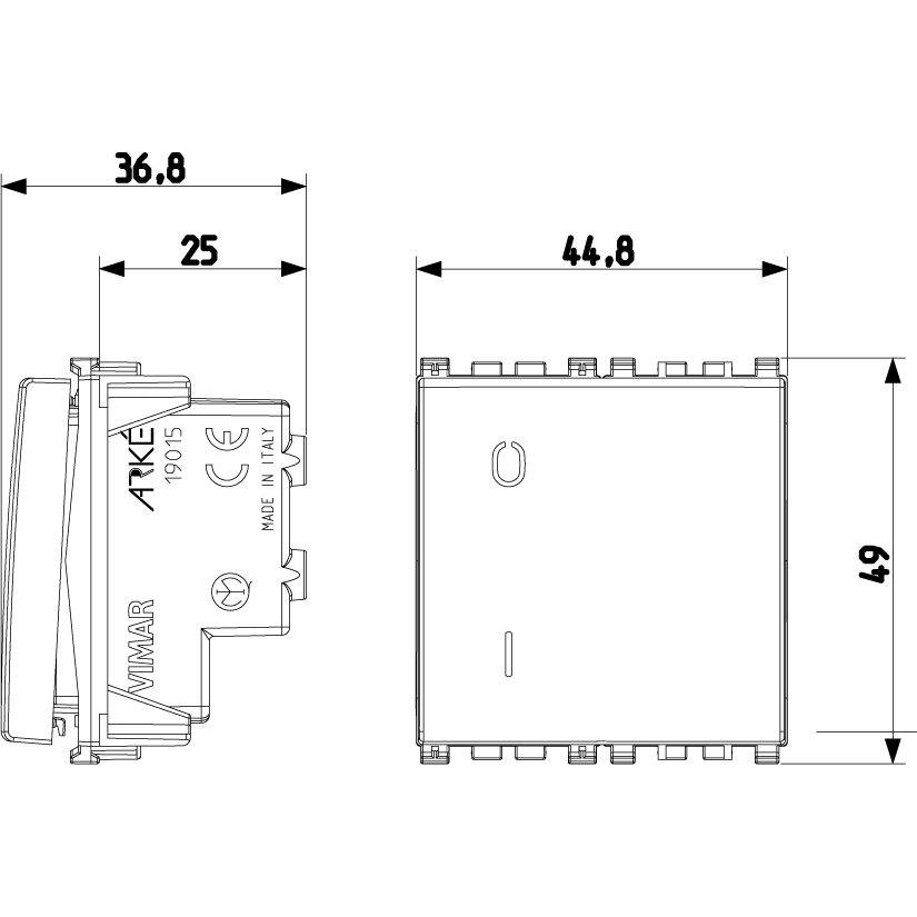 Vimar Arké 19015 2-Pole 1-Way Rocker Switch, 16AX, 250V, IP40, Flush-Mount, Lightable, Replaceable Button