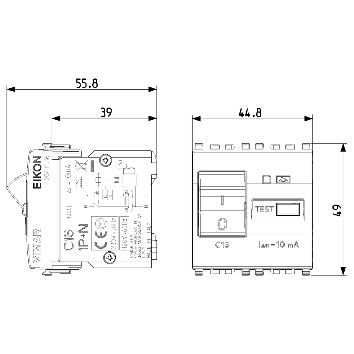 Vimar Eikon RCBO Circuit Breaker, 1P+N, 120-230V, 50/60 Hz, Type A RCD, IP40, 2 Modules