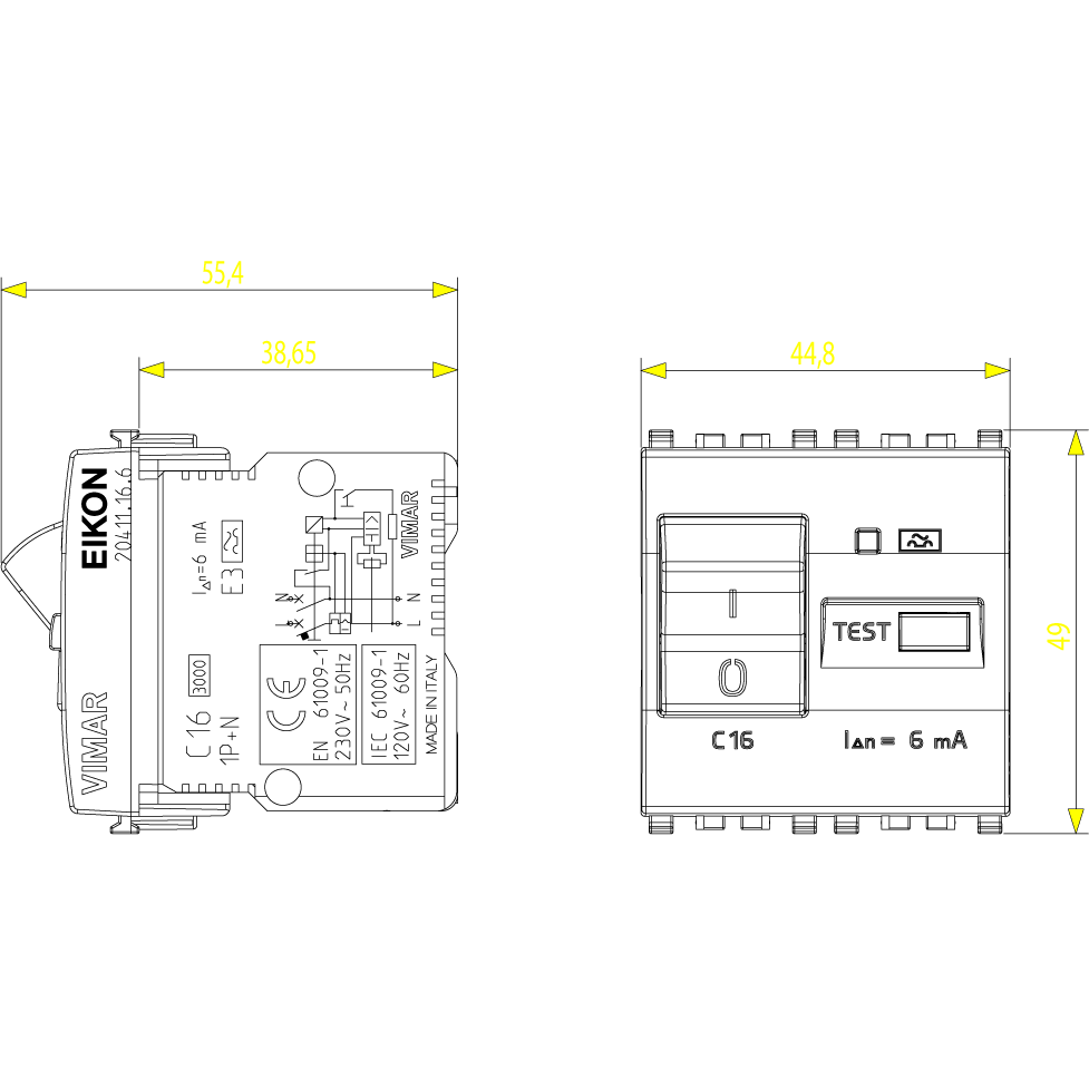 Vimar Eikon RCBO Circuit Breaker, 1P+N, 120-230V, 50/60 Hz, Type A RCD, IP40, 2 Modules