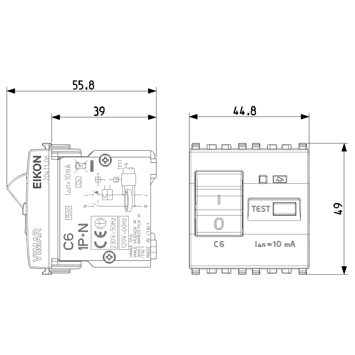 Vimar Eikon RCBO Circuit Breaker, 1P+N, 120-230V, 50/60 Hz, Type A RCD, IP40, 2 Modules