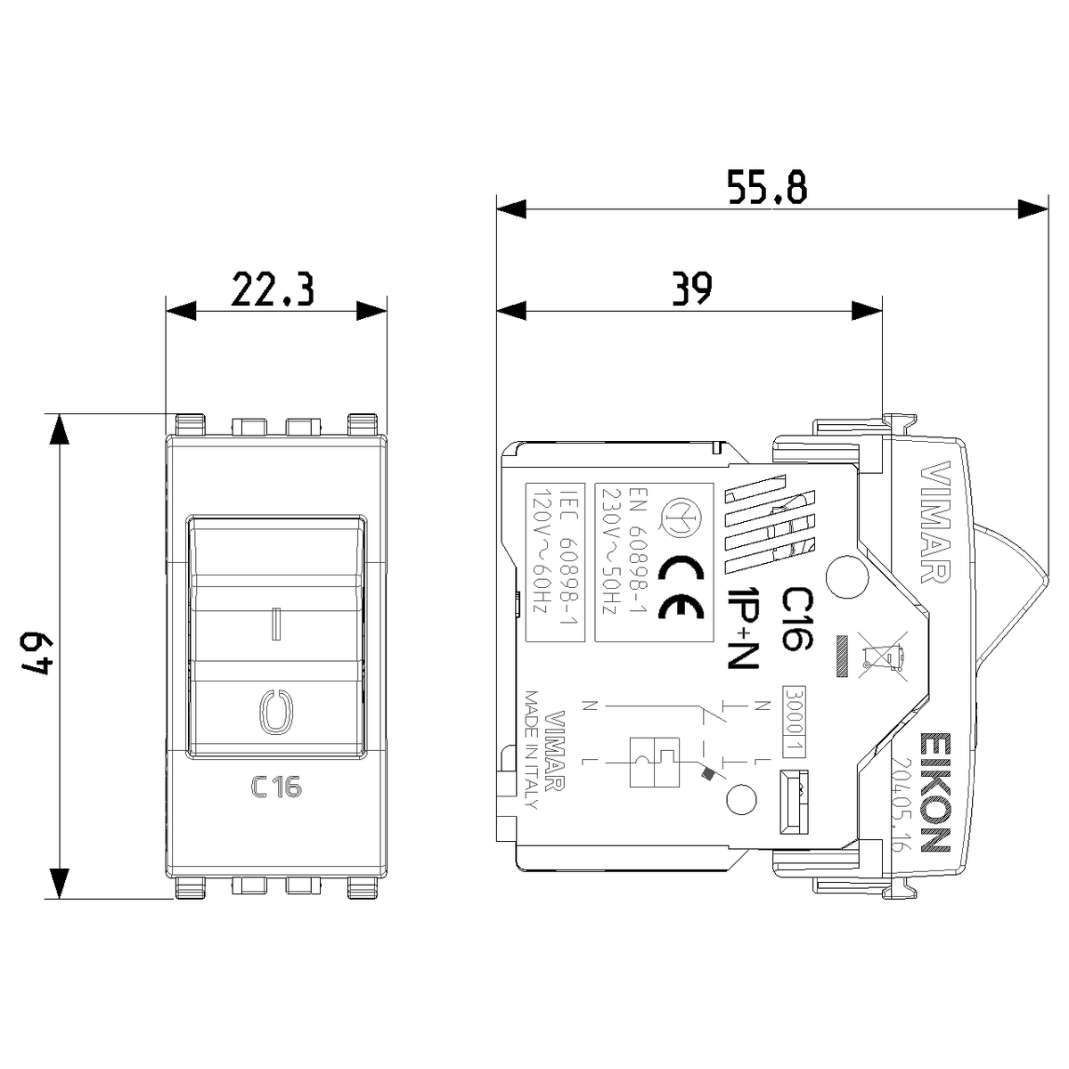Vimar Eikon Miniature Circuit Breaker, 1P+N, C Curve, 120-230V AC, 50-60 Hz, IP40, 1 Module