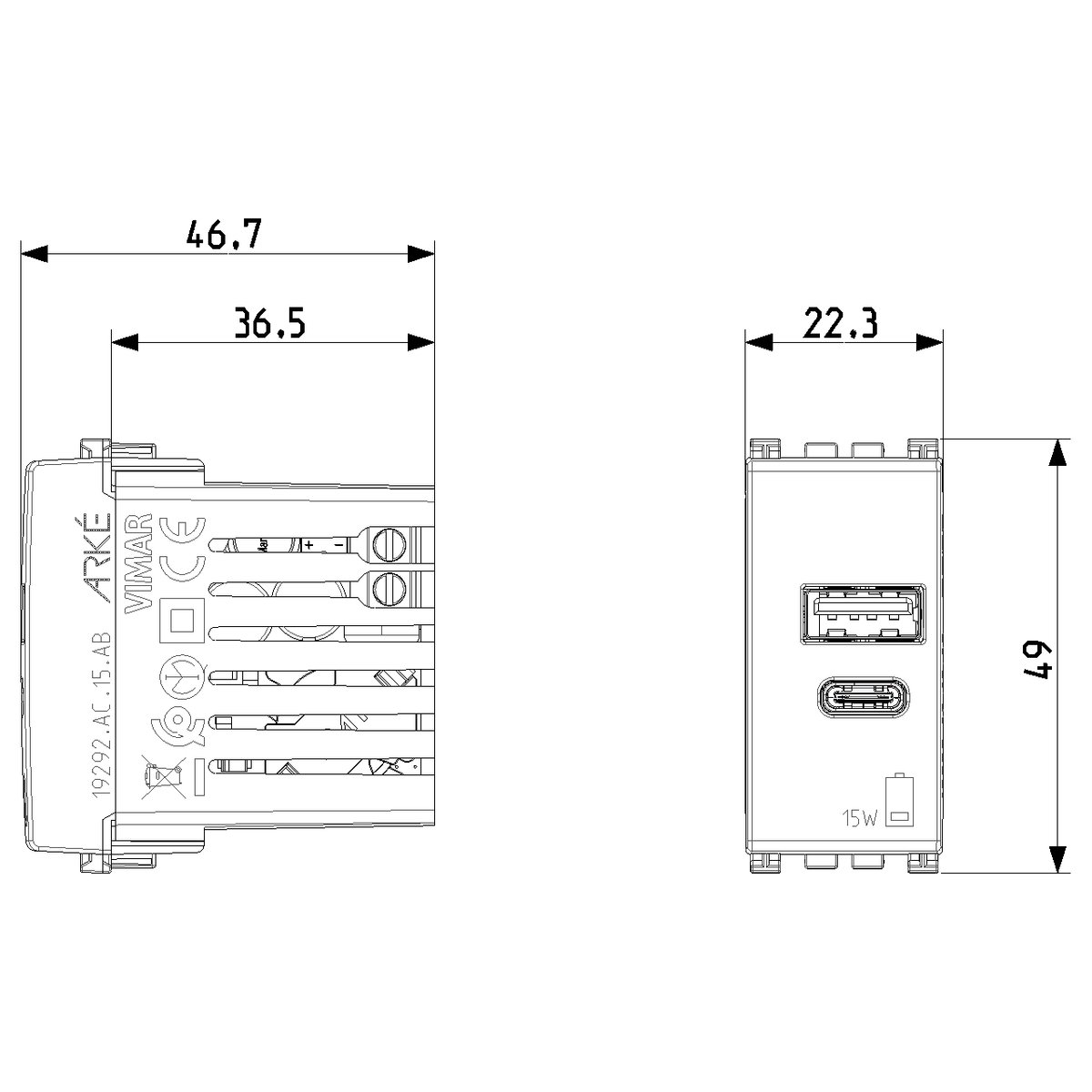 Vimar Arké USB Charging Outlet, 120-240V AC, 1 Module