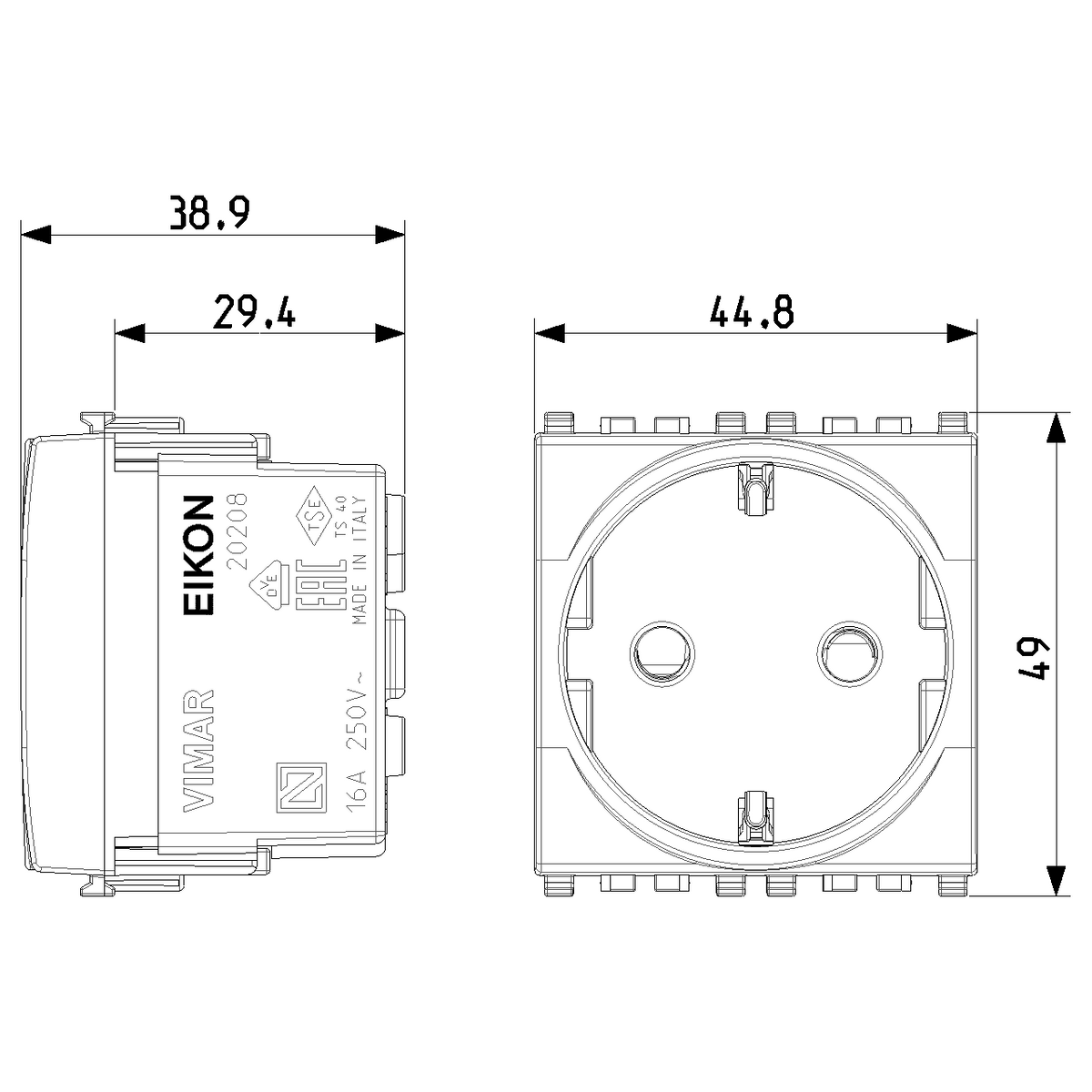 Vimar Eikon SICURY Schuko Socket Outlet, 2P+E, 16A 250V, 2M, IP20