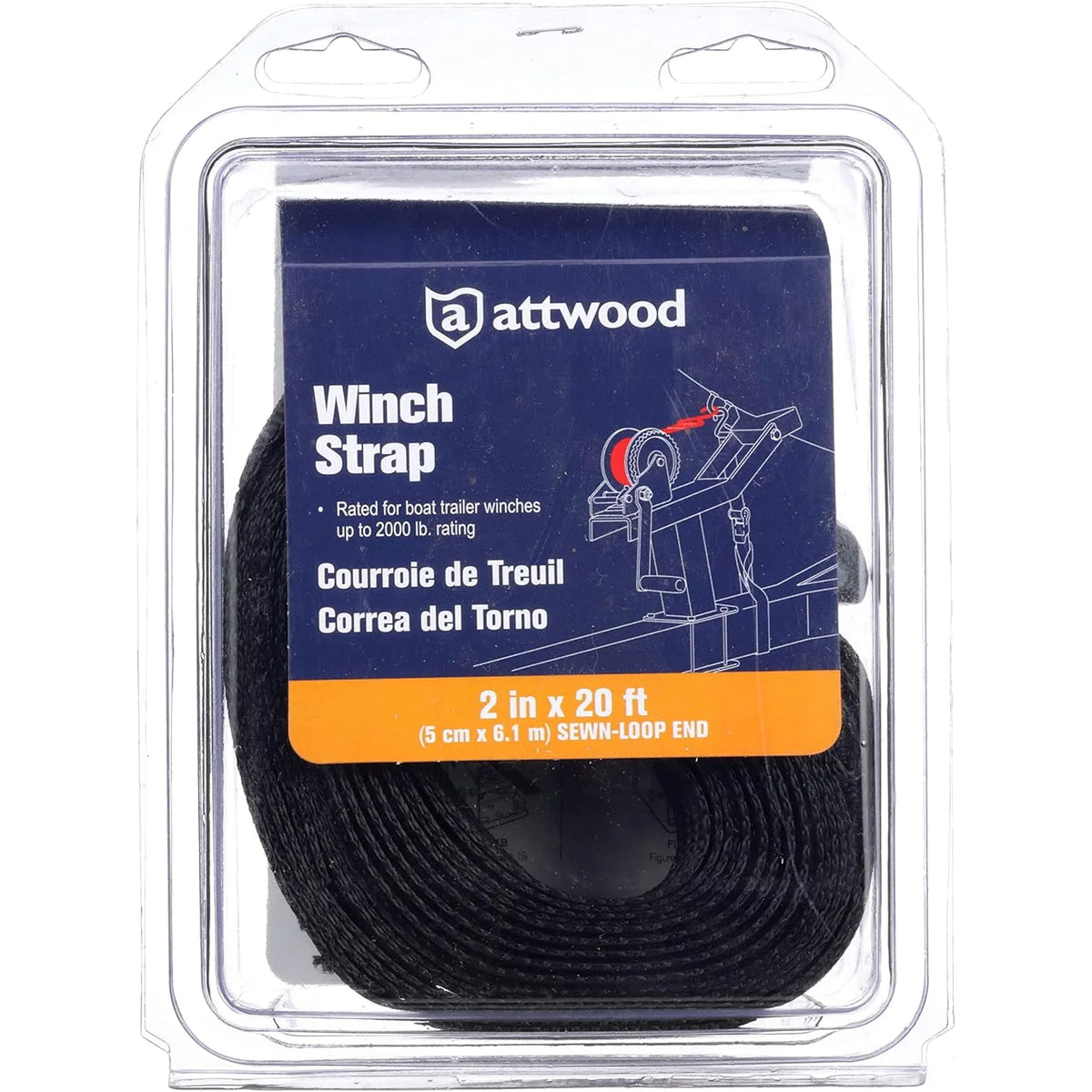 Attwood Marine Trailer Winch Strap, 2 in x 20 ft, 2,000 lb Capacity, Sewn-Loop End, Forged Steel Snap Hook