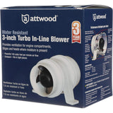 Attwood Marine Turbo 3000 Series Water-Resistant In-Line Bilge Blower, 3 in, 12V, 145 CFM, White Housing