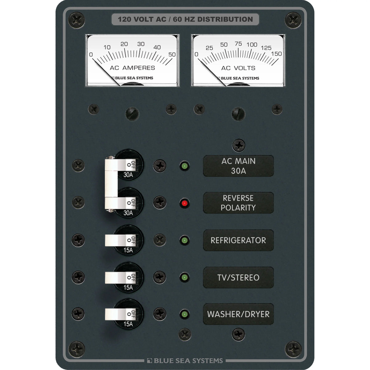 Blue Sea Systems AC Main + 3 Positions Circuit Breaker Panel, 120V AC, 30A Main, 3 x 15A Branch Breakers, Analog Volt and Amp Meters