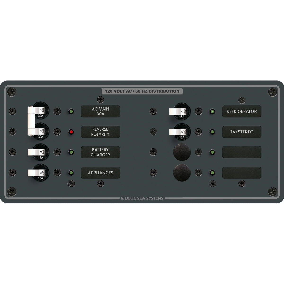 Blue Sea Systems AC Main 6-Position Circuit Breaker Panel, 120V AC, 30A Double Pole Main, 4 x 15A Branch