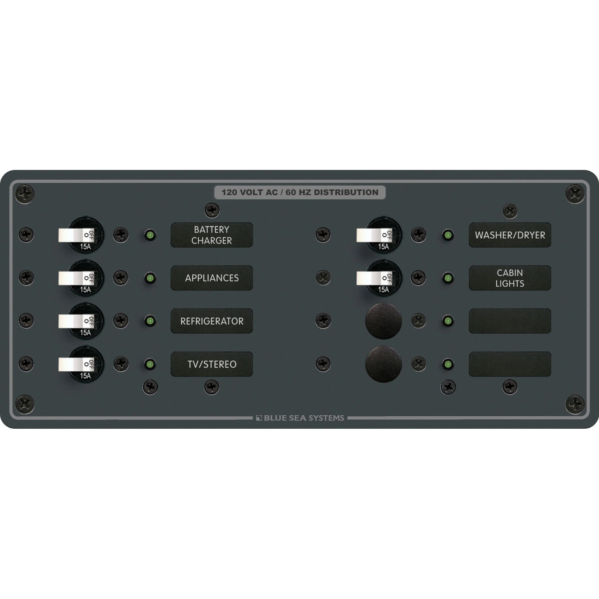 Blue Sea Systems AC 8 Position Branch Circuit Breaker Panel, 120V AC, 100A, 6 x 15A Breakers