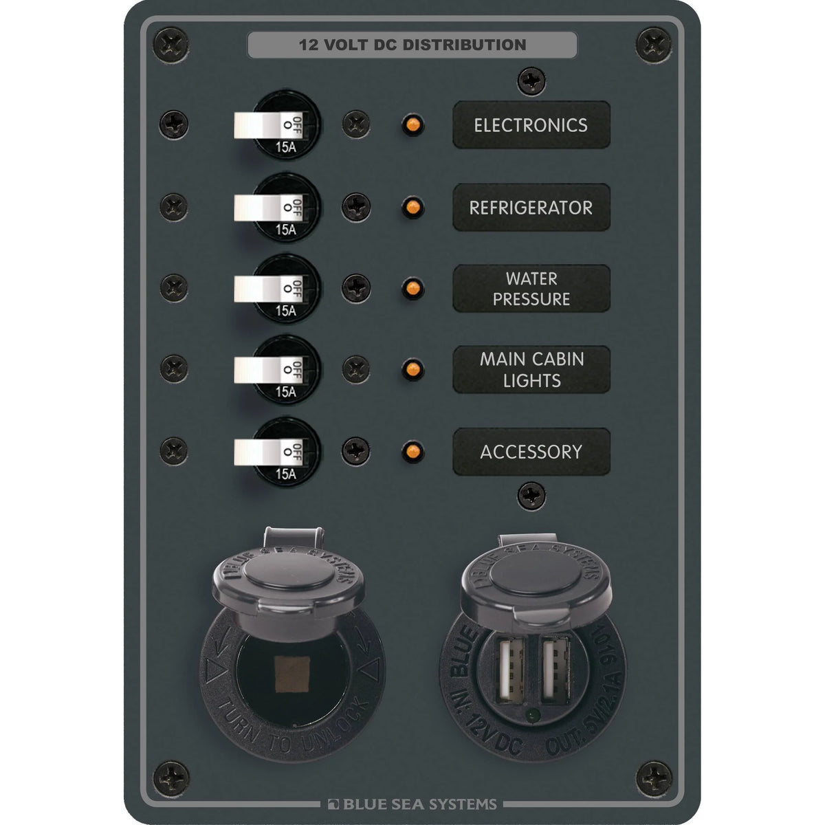 Blue Sea Systems Traditional Metal DC Panel, 5 Positions, 12V, 50A, Dual USB Charger, 12V Dash Socket