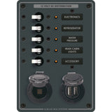 Blue Sea Systems Traditional Metal DC Panel, 5 Positions, 12V, 50A, Dual USB Charger, 12V Dash Socket