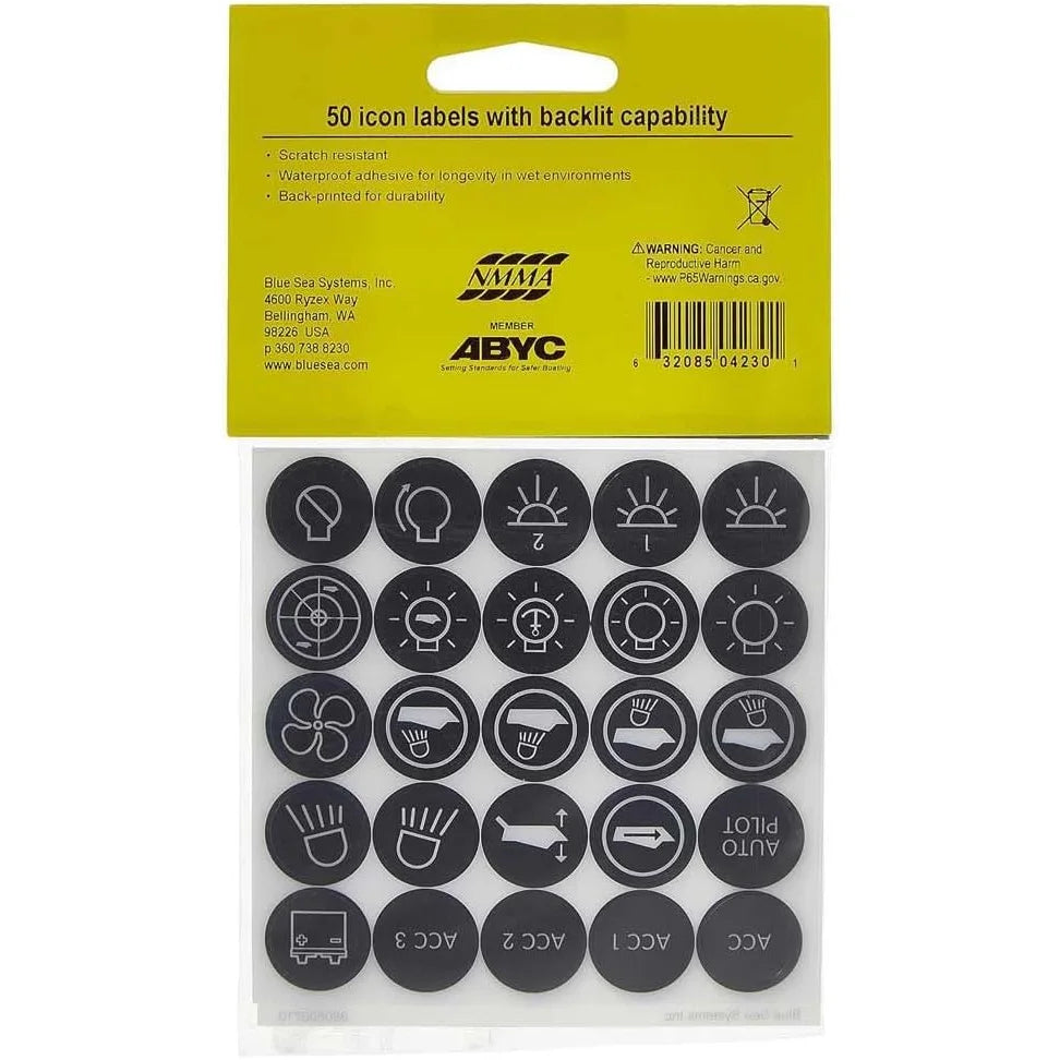 Blue Sea Systems Push Button Switch Label Kit, For 4180 & 4181, 50 ICON Labels
