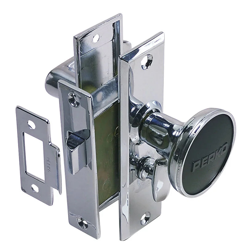 Perko Mortise Latch Set, For 1 to 1-3/8 in Doors, Turn Button Lock, Chrome Plated Zinc Alloy