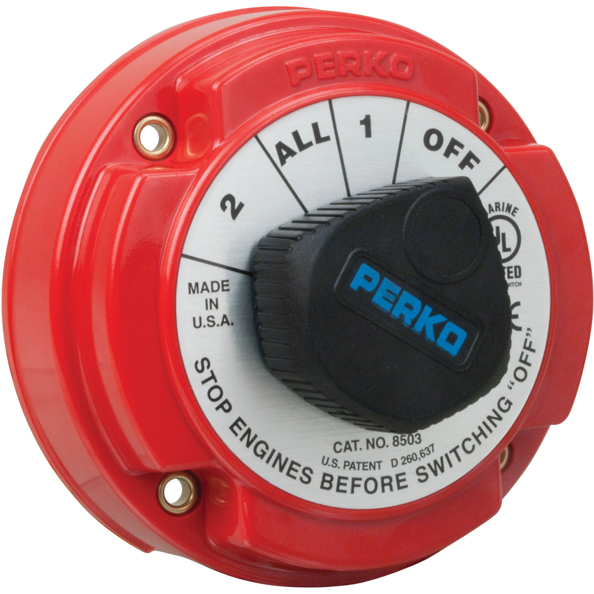 Perko Medium Duty Battery Selector Switch with Alternator Field Disconnect, No Key Lock, 6-32V, 250A Continuous, Ignition Protected