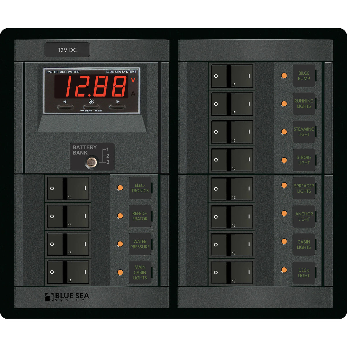 Blue Sea Systems DC Branch Circuit Breaker Panel, Pre-Wired Buses, Backlit Labels
