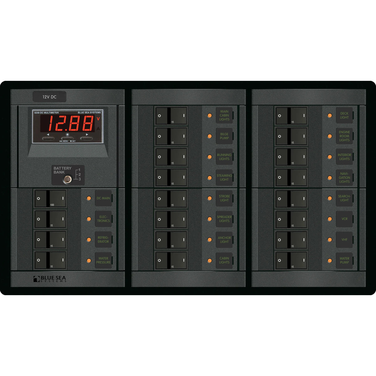 Blue Sea Systems DC Branch Circuit Breaker Panel, Pre-Wired Buses, Backlit Labels